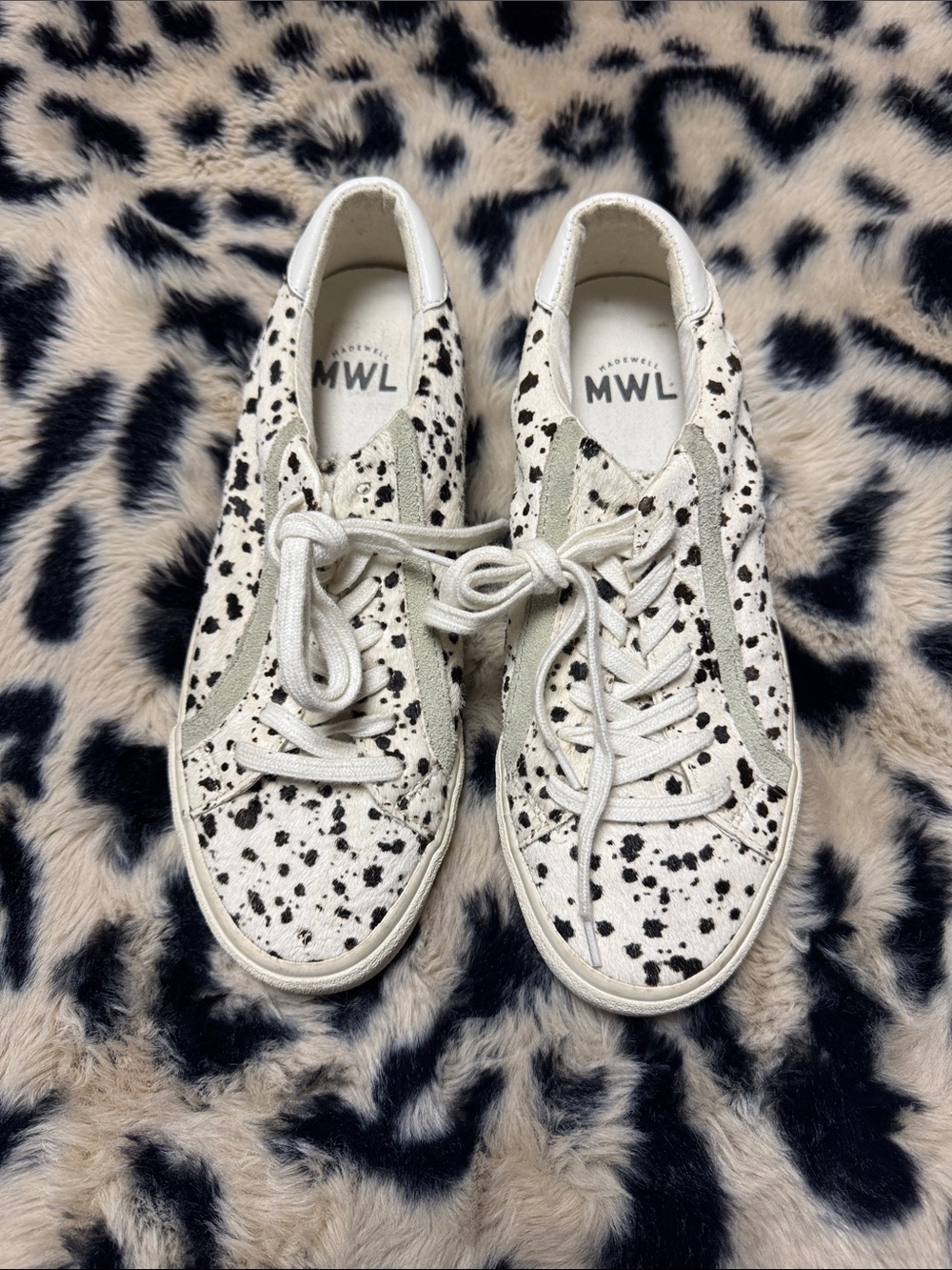 Madewell White Dalmatian Print Low-Top Sneakers with Light Green Suede Stripe